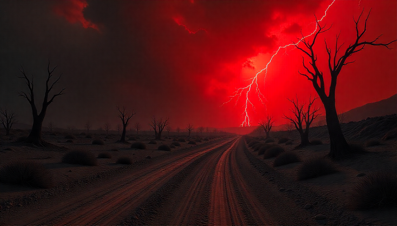 red sky wasteland with lightning
